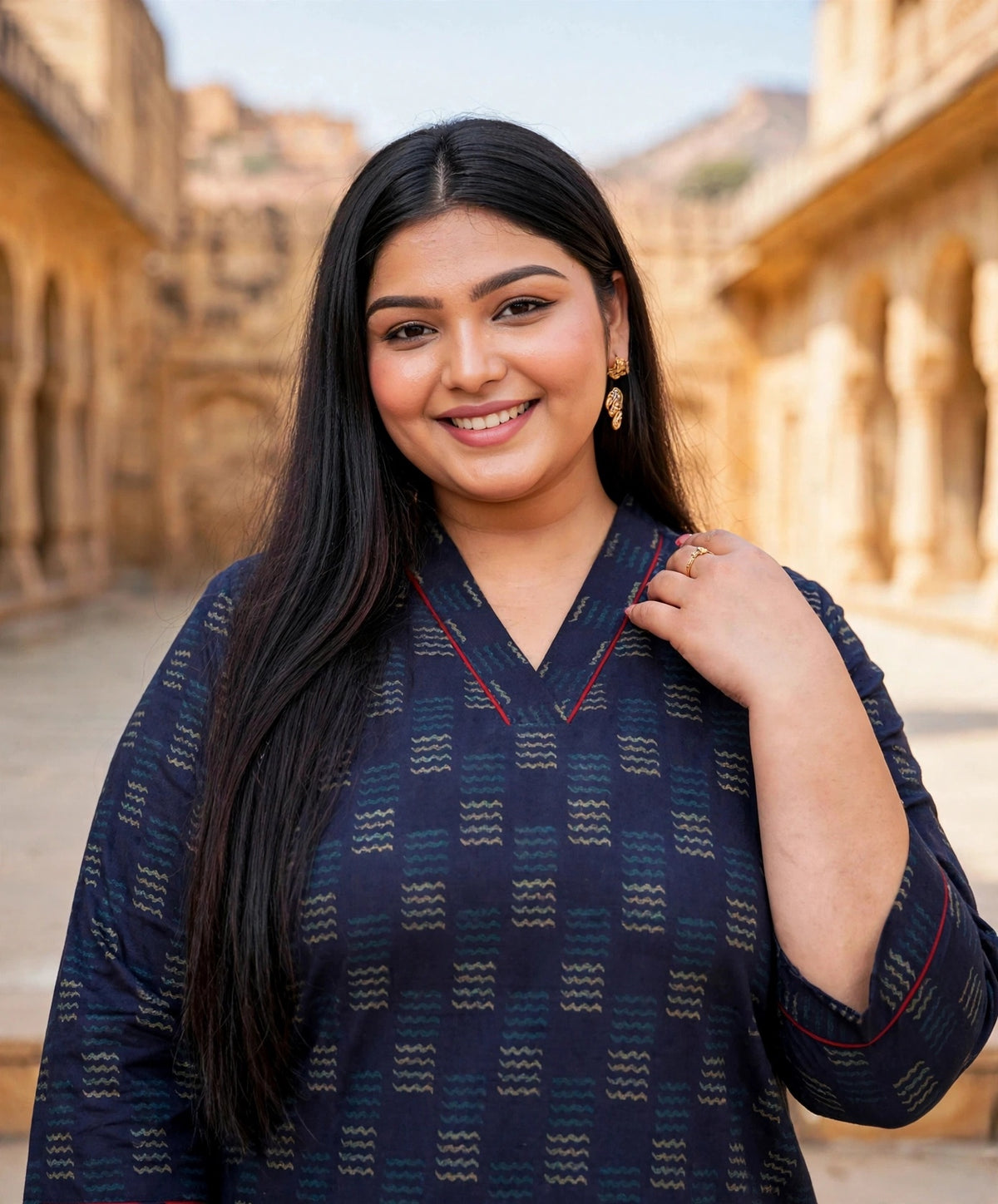 Miravan Womens Plus Size Navy Blue Printed Cotton Top