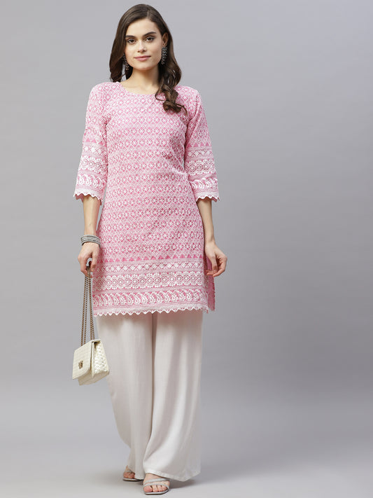 Miravan Womens Pink Ethnic Motifs Embroidered Chikankari Straight Kurti