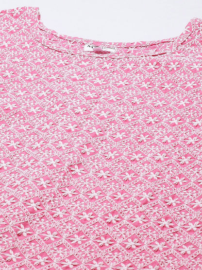 Miravan Womens Pink Ethnic Motifs Embroidered Chikankari Straight Kurti