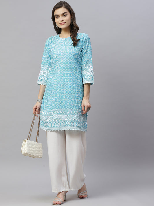 Miravan Womens Blue Ethnic Motifs Embroidered Chikankari Straight Kurti