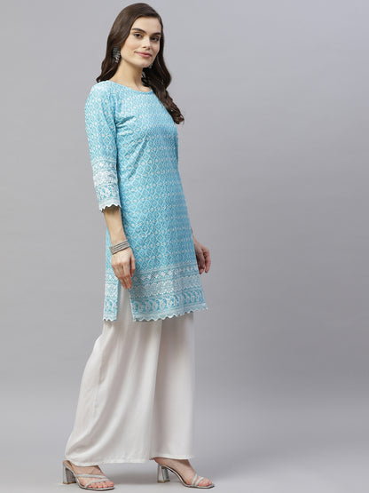 Miravan Womens Blue Ethnic Motifs Embroidered Chikankari Straight Kurti
