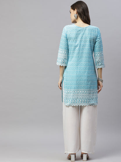 Miravan Womens Blue Ethnic Motifs Embroidered Chikankari Straight Kurti