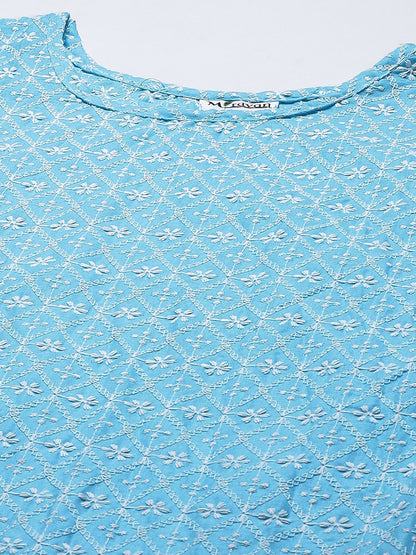 Miravan Womens Blue Ethnic Motifs Embroidered Chikankari Straight Kurti