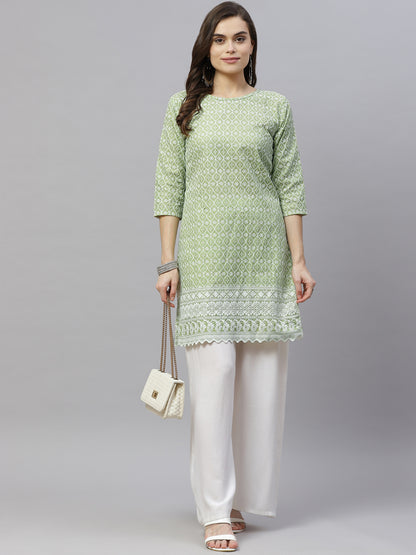 Miravan Womens Green Ethnic Motifs Embroidered Chikankari Straight Kurti