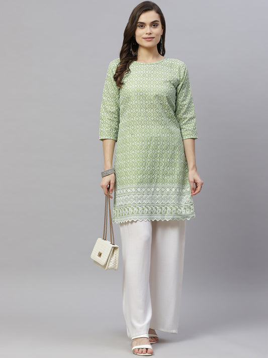 Miravan Womens Green Ethnic Motifs Embroidered Chikankari Straight Kurti