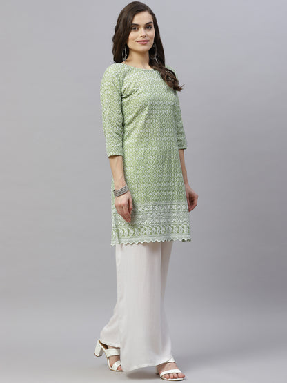 Miravan Womens Green Ethnic Motifs Embroidered Chikankari Straight Kurti