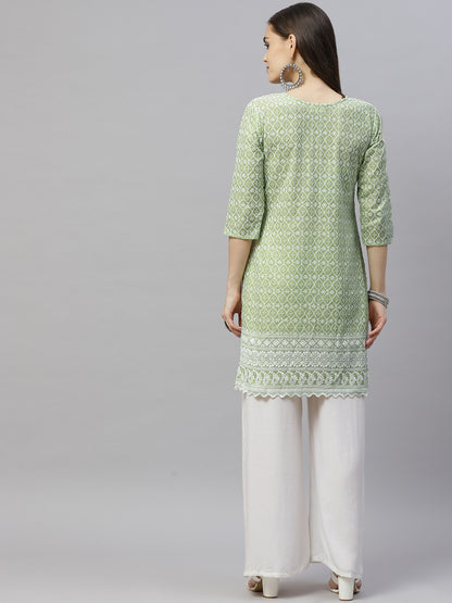 Miravan Womens Green Ethnic Motifs Embroidered Chikankari Straight Kurti