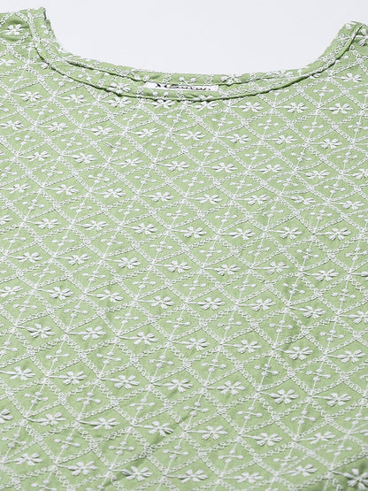 Miravan Womens Green Ethnic Motifs Embroidered Chikankari Straight Kurti