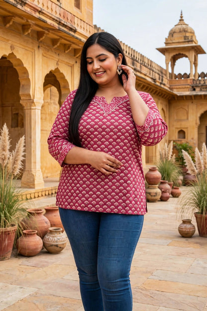 Miravan Womens Plus Size Pink Floral Printed Cotton Top