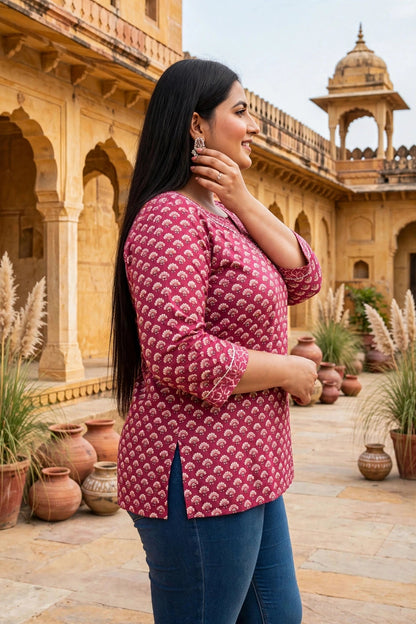 Miravan Womens Plus Size Pink Floral Printed Cotton Top