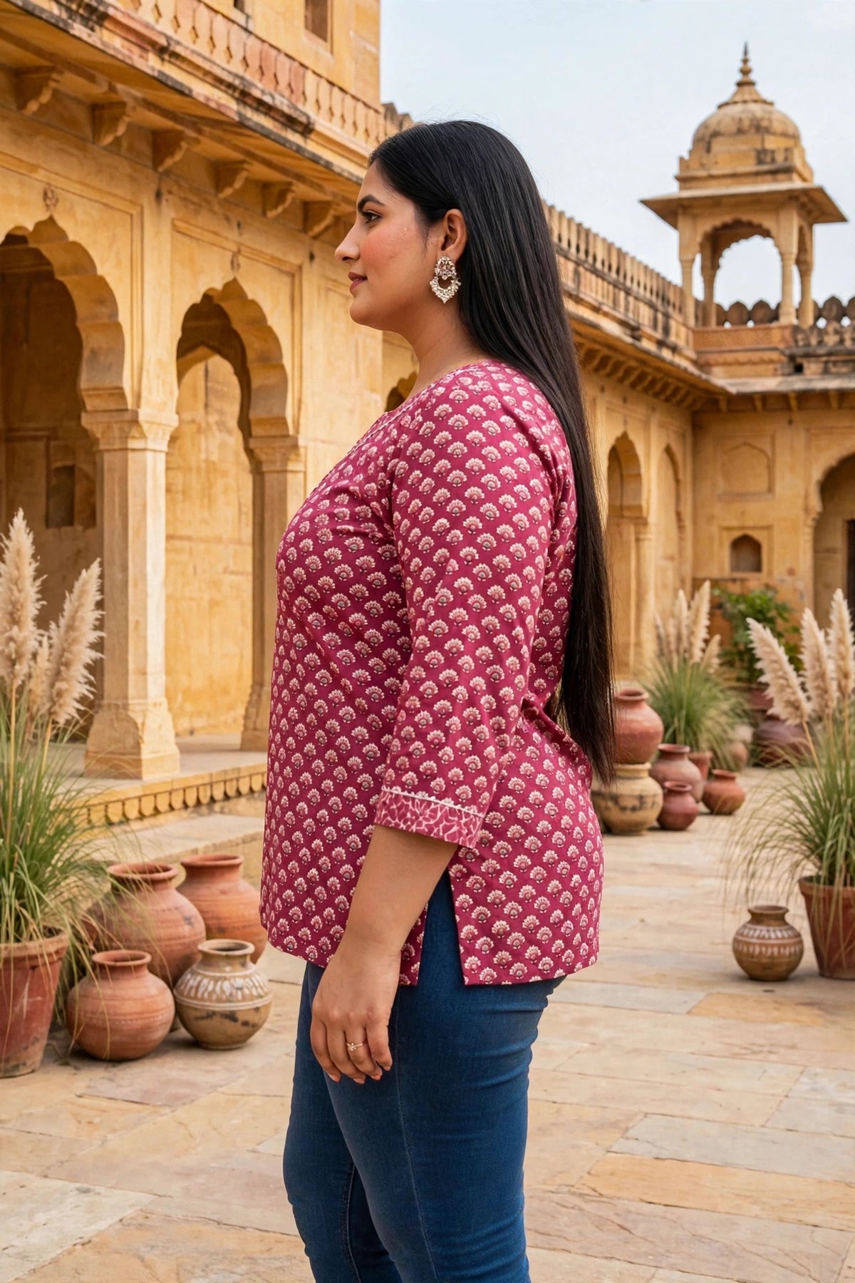 Miravan Womens Plus Size Pink Floral Printed Cotton Top