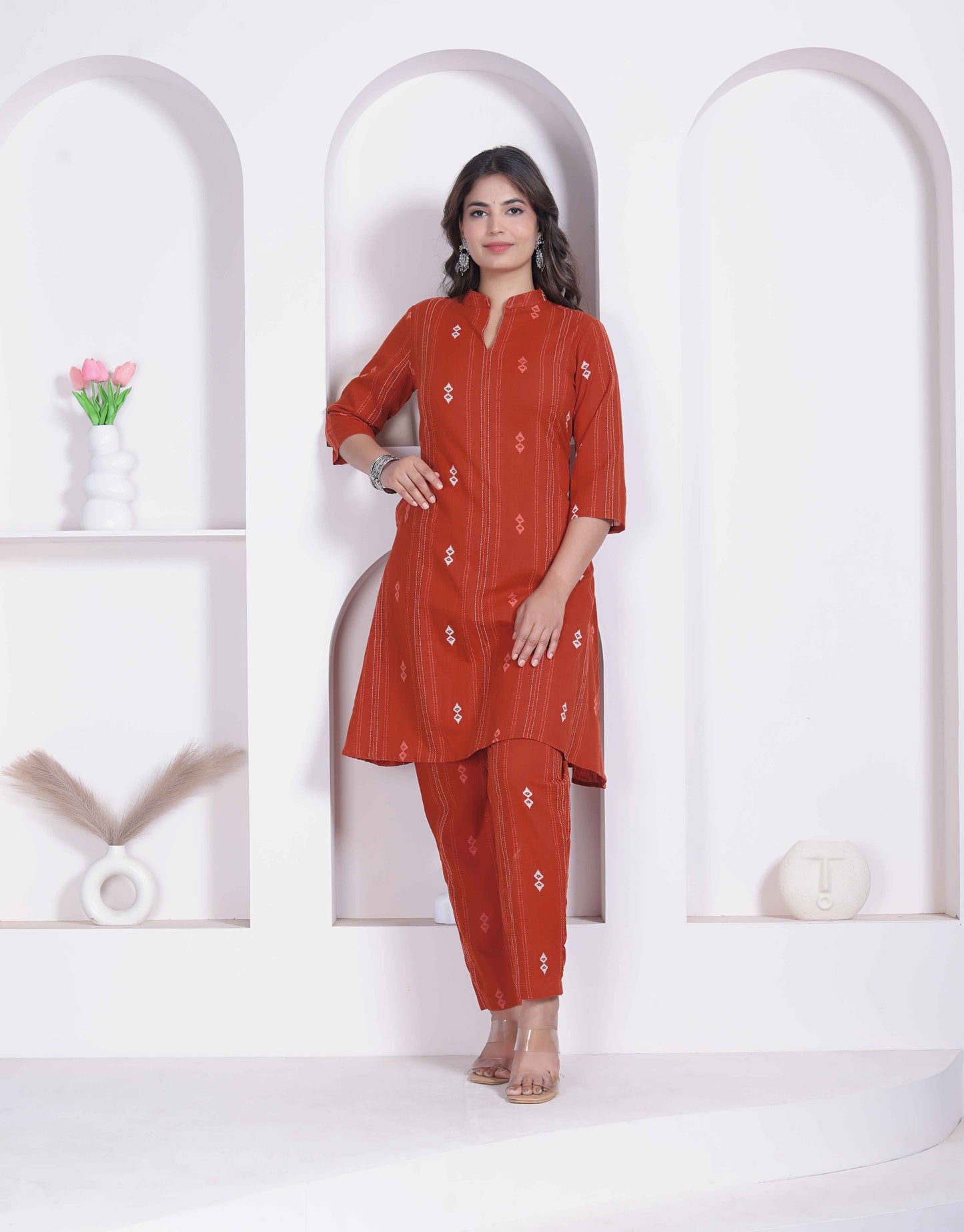 Miravan Womens Rust color Abstract printed Cotton Kurta with Palazzo