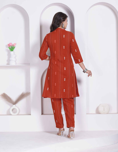 Miravan Womens Rust color Abstract printed Cotton Kurta with Palazzo
