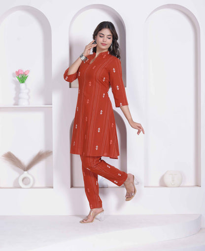 Miravan Womens Rust color Abstract printed Cotton Kurta with Palazzo