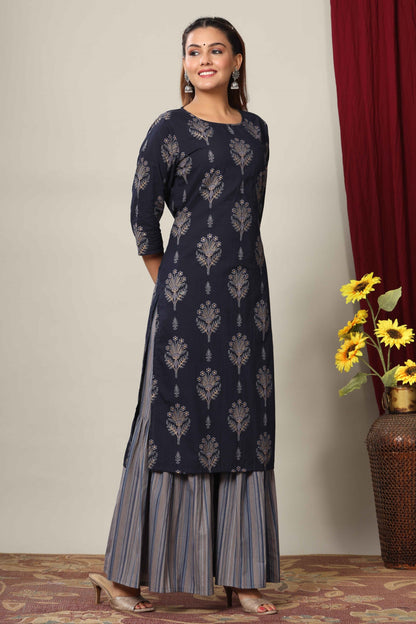 Women's Blue & Grey Printed Pure Cotton Kurta With Sharara - Miravan
