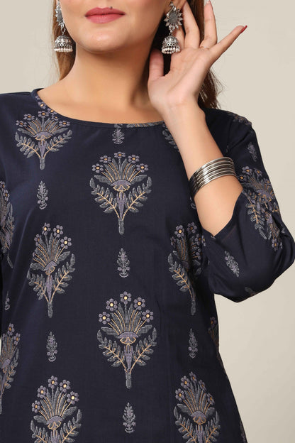 Women's Blue & Grey Printed Pure Cotton Kurta With Sharara - Miravan