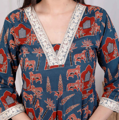 Miravan Womens Pure Cotton Blue Animal Printed Zari Lace Work Yoke Anarakali Kurta