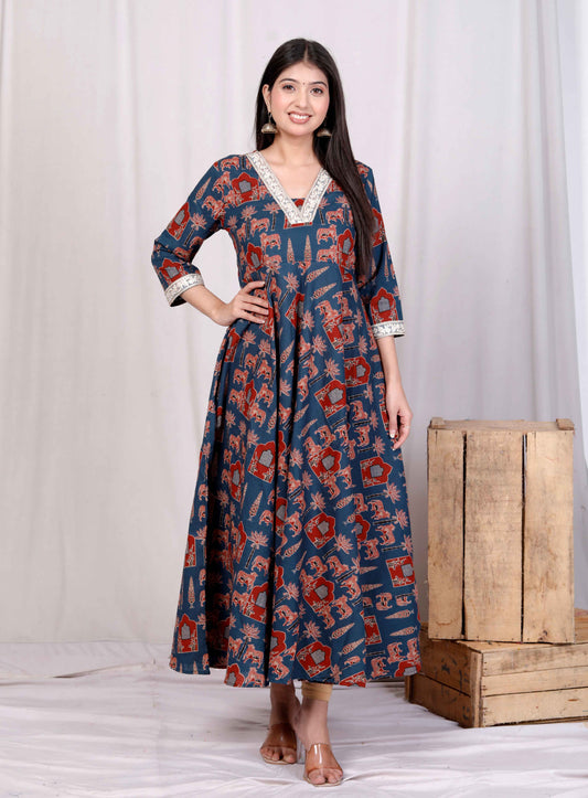 Miravan Womens Pure Cotton Blue Animal Printed Zari Lace Work Yoke Anarakali Kurta