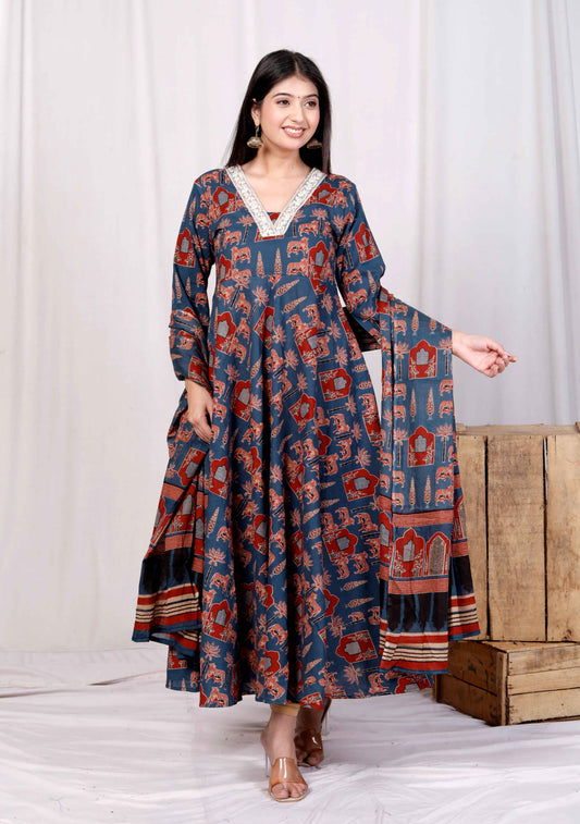 Miravan Womens Pure Cotton Blue Zari Lace Anarkali Kurta with Printed Dupatta Set