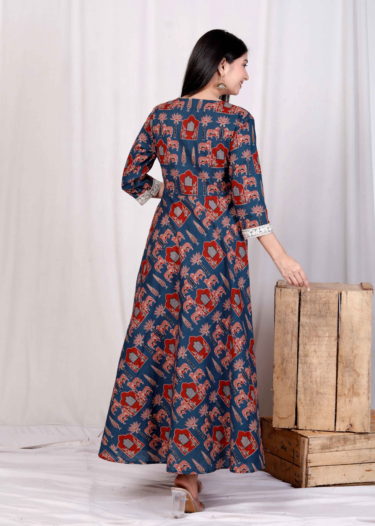 Miravan Womens Pure Cotton Blue Zari Lace Anarkali Kurta with Printed Dupatta Set