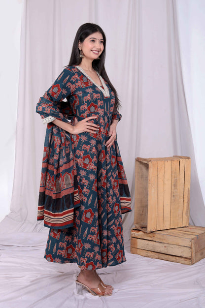 Miravan Womens Pure Cotton Blue Zari Lace Anarkali Kurta with Printed Dupatta Set