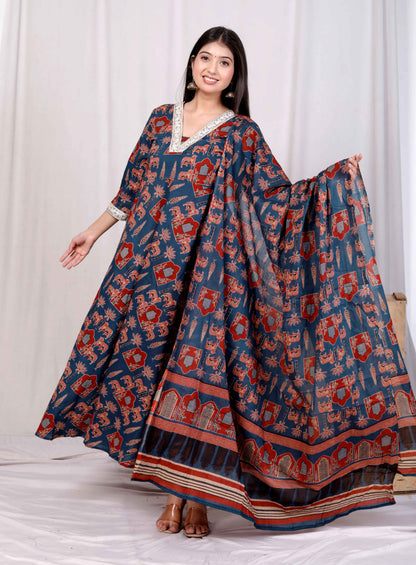 Miravan Womens Pure Cotton Blue Zari Lace Anarkali Kurta with Printed Dupatta Set