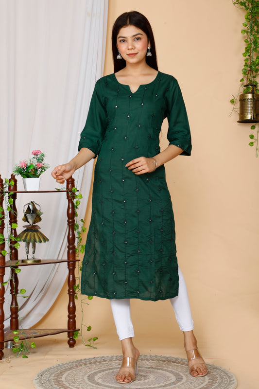 Miravan Womens Green Embroidered Straight Kurti