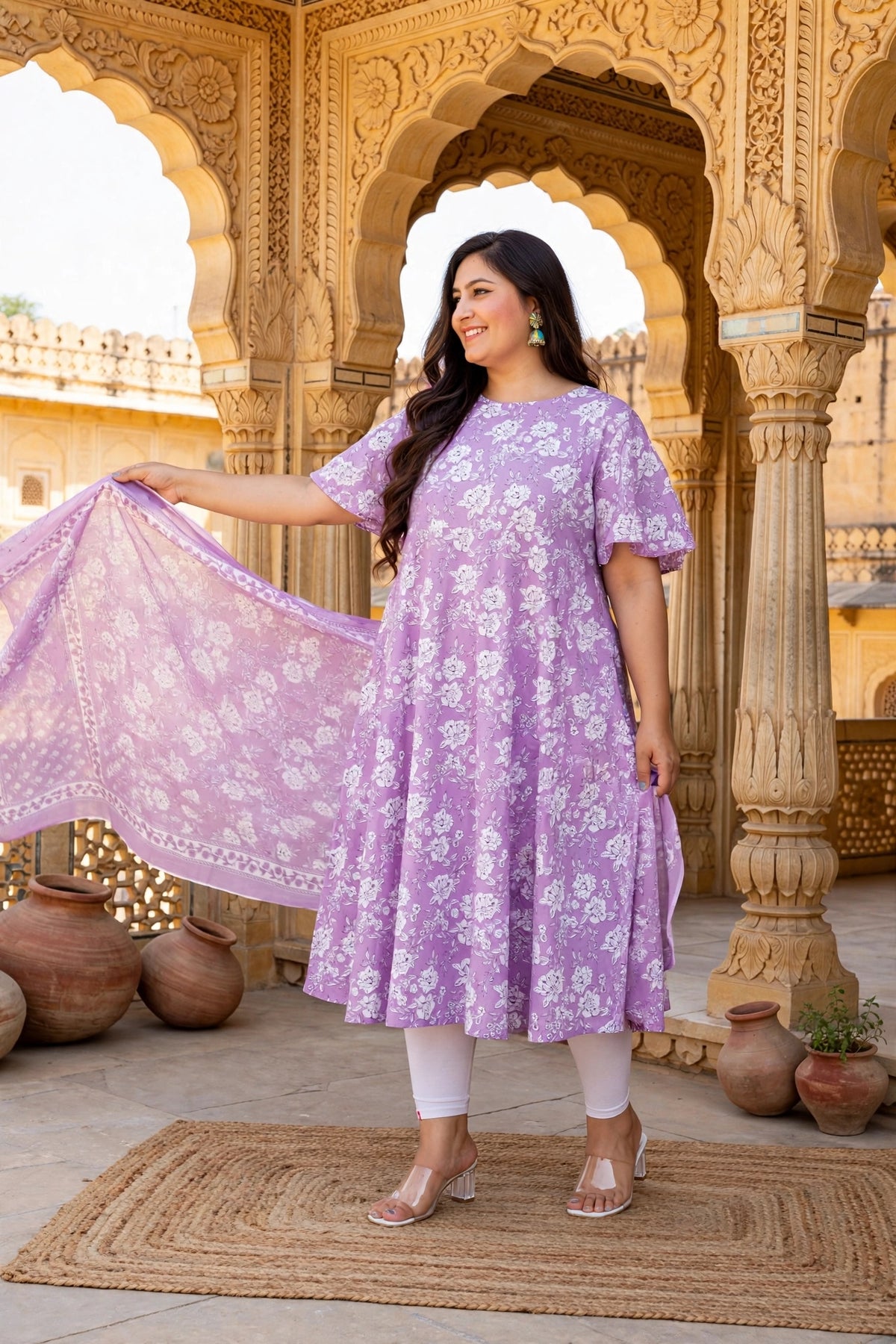 Miravan  Womens Floral Printed Bell Sleeves Anarkali Cotton Kurta With Dupatta