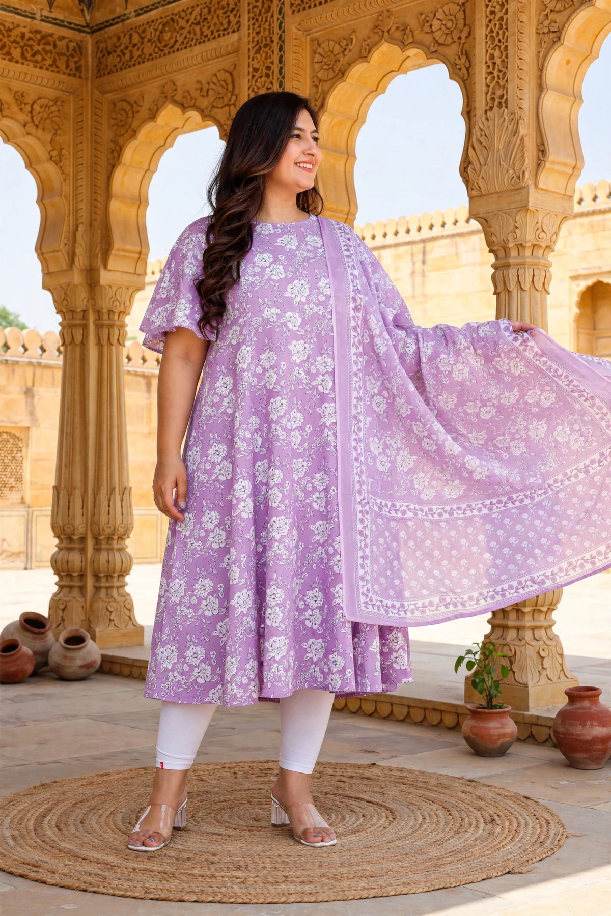 Miravan  Womens Floral Printed Bell Sleeves Anarkali Cotton Kurta With Dupatta