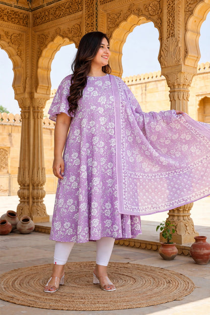 Miravan  Womens Floral Printed Bell Sleeves Anarkali Cotton Kurta With Dupatta