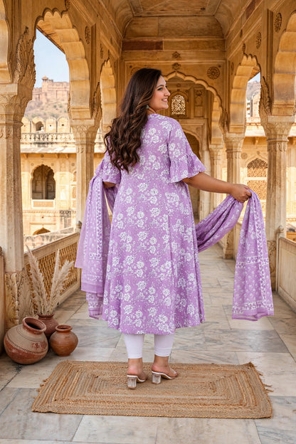 Miravan  Womens Floral Printed Bell Sleeves Anarkali Cotton Kurta With Dupatta