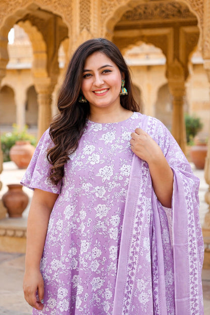 Miravan  Womens Floral Printed Bell Sleeves Anarkali Cotton Kurta With Dupatta