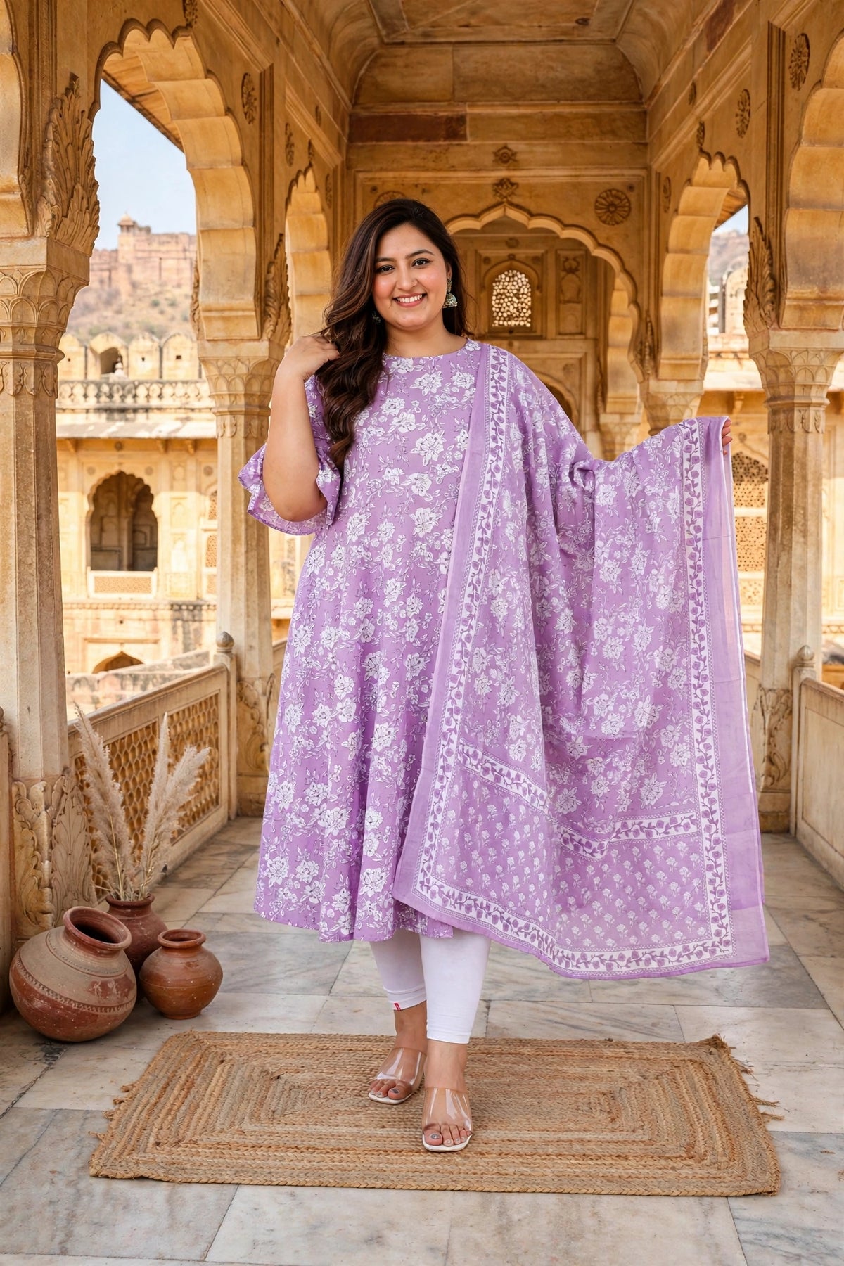 Miravan  Womens Floral Printed Bell Sleeves Anarkali Cotton Kurta With Dupatta