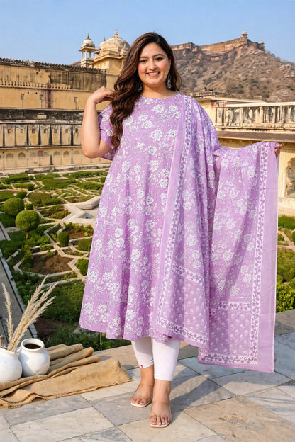 Miravan  Womens Floral Printed Bell Sleeves Anarkali Cotton Kurta With Dupatta