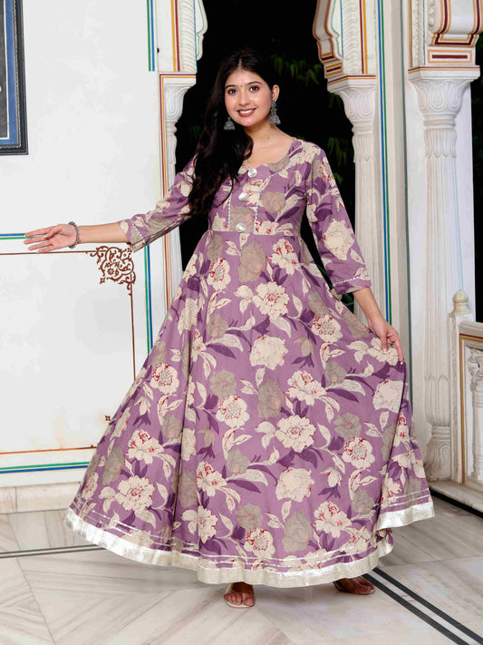 Women's Purple Flower Printed With Beautiful Lace Border Details Anarkali Kurta - Miravan