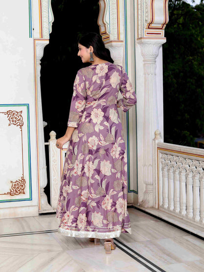 Women's Purple Flower Printed With Lace Border Anarkali Kurta With Dupatta Set - Miravan