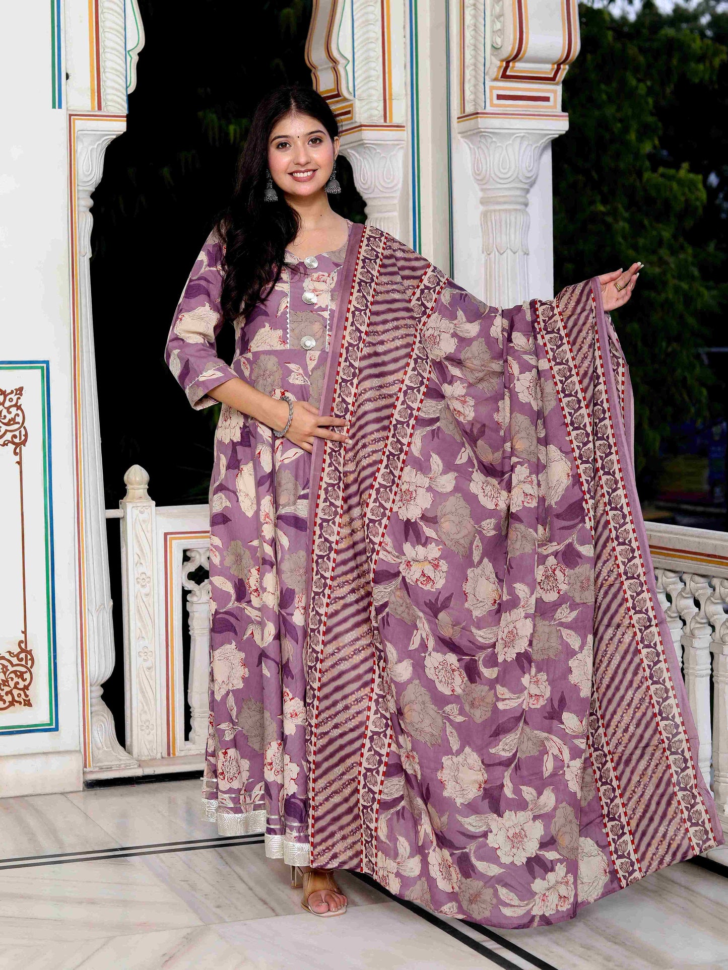 Women's Purple Flower Printed With Lace Border Anarkali Kurta With Dupatta Set - Miravan