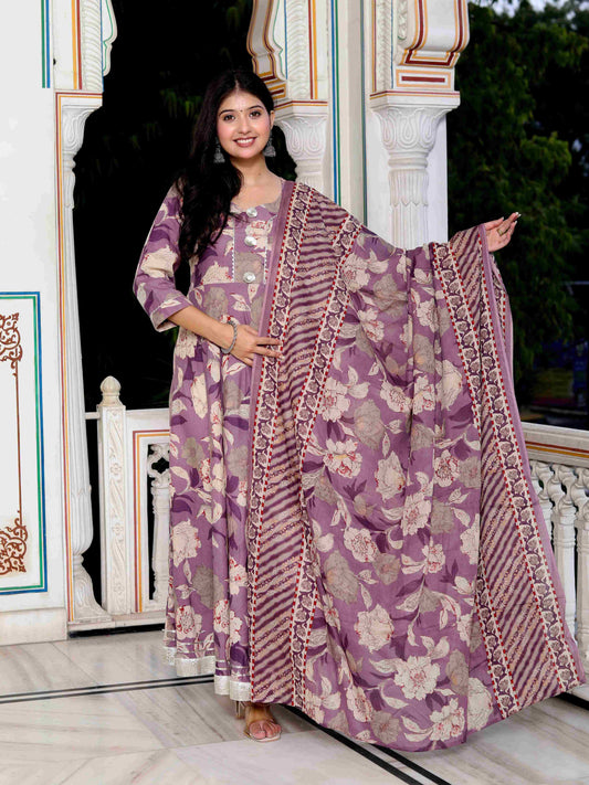 Women's Purple Flower Printed With Lace Border Anarkali Kurta With Dupatta Set - Miravan