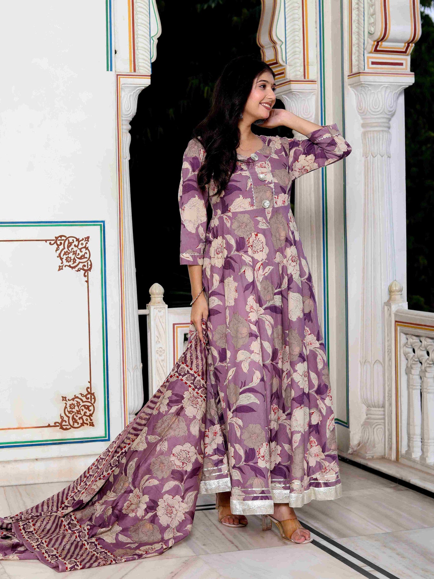Women's Purple Flower Printed With Lace Border Anarkali Kurta With Dupatta Set - Miravan