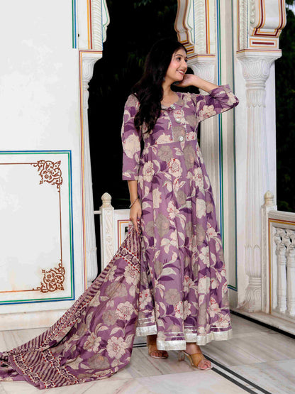 Women's Purple Flower Printed With Lace Border Anarkali Kurta With Dupatta Set - Miravan