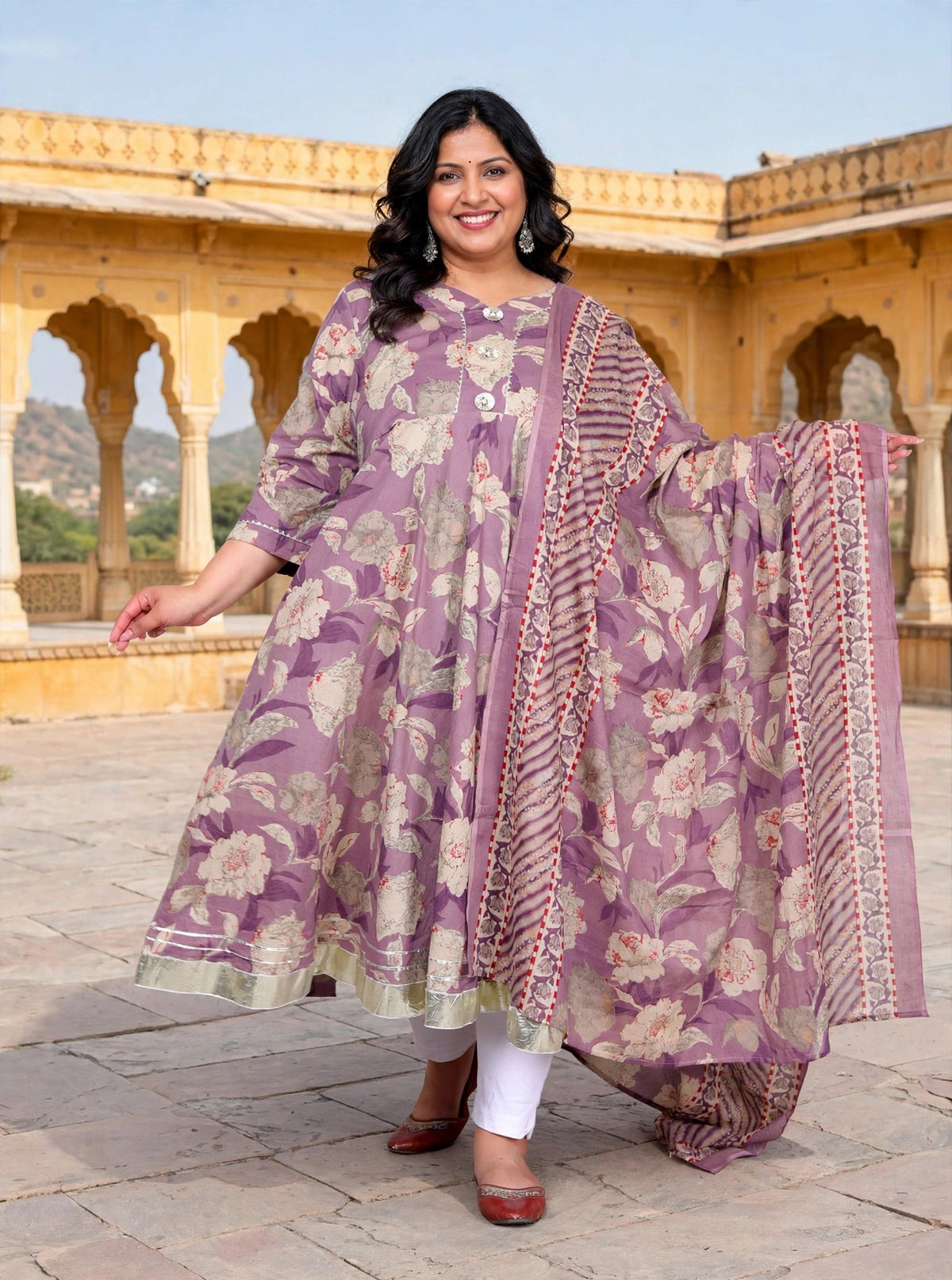 MIravan Womens Plus Size Purple Flower Printed Anarkali Kurta With Dupatta Set