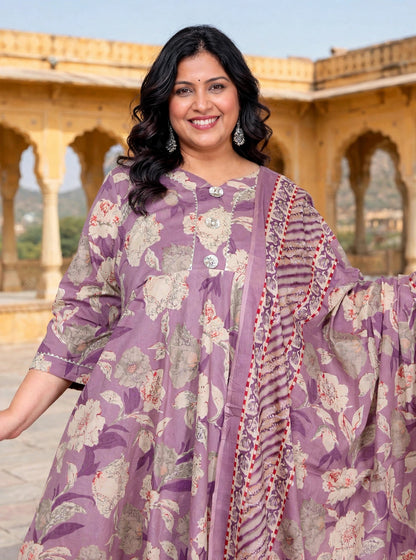 MIravan Womens Plus Size Purple Flower Printed Anarkali Kurta With Dupatta Set