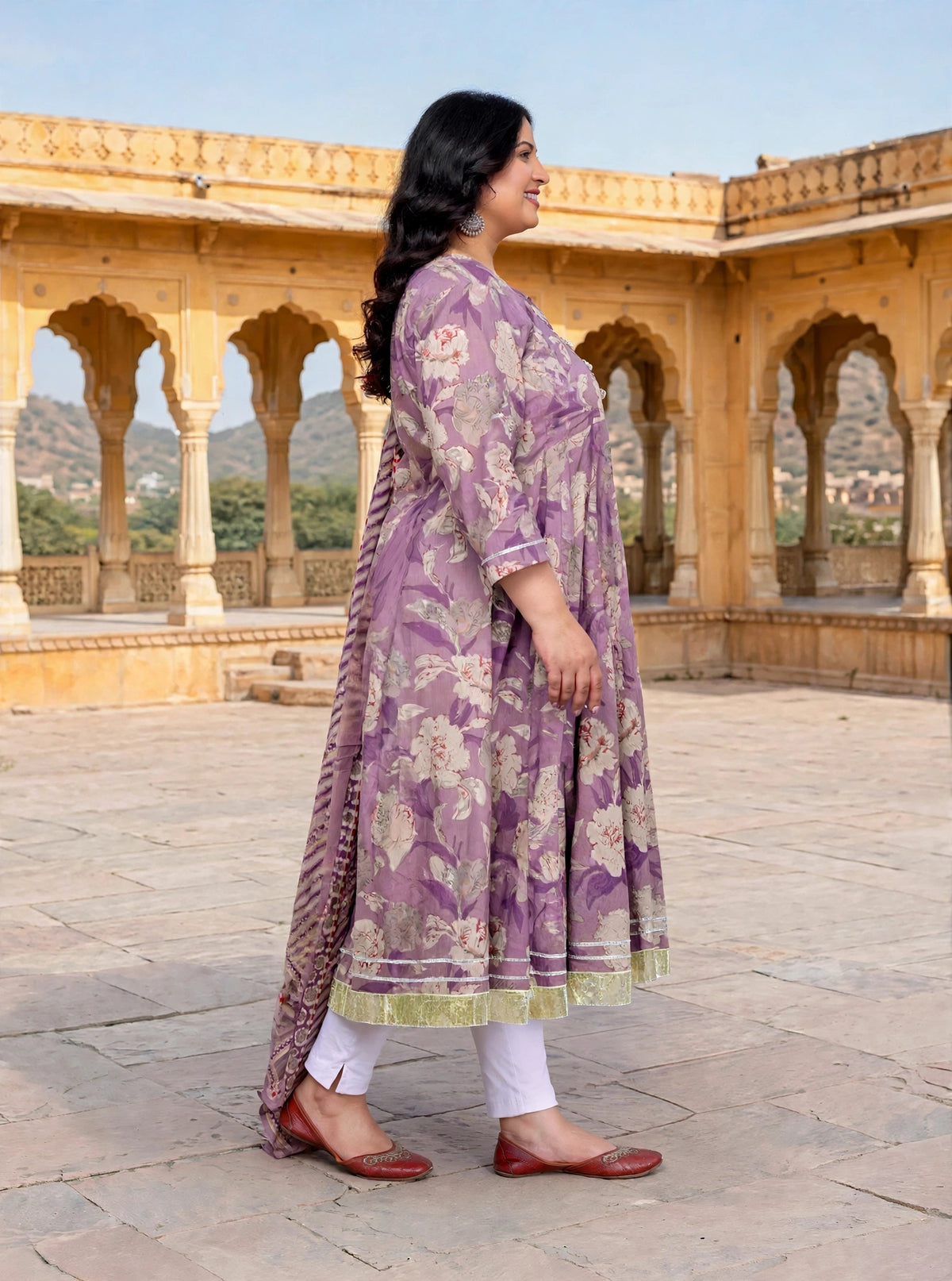 MIravan Womens Plus Size Purple Flower Printed Anarkali Kurta With Dupatta Set