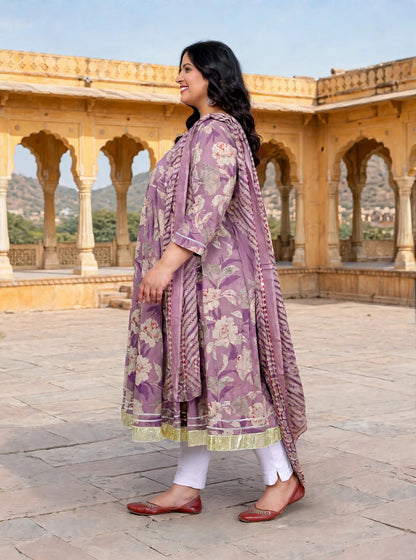 MIravan Womens Plus Size Purple Flower Printed Anarkali Kurta With Dupatta Set