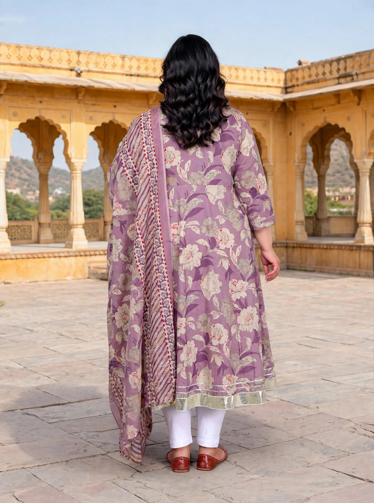 MIravan Womens Plus Size Purple Flower Printed Anarkali Kurta With Dupatta Set