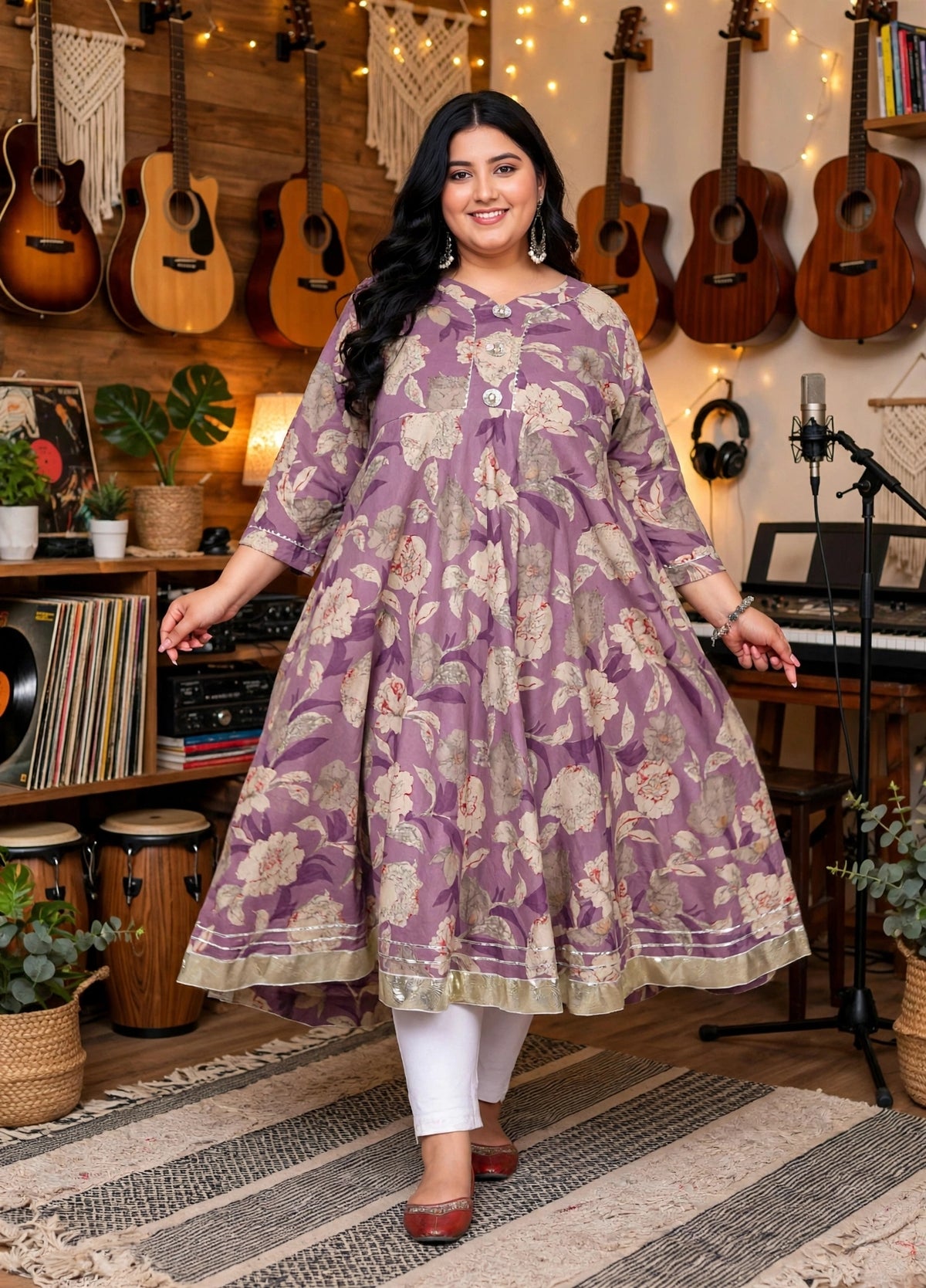 Miravan Womens Plus Size Purple Flower Printed With Beautiful Lace Border Details Anarkali Kurta