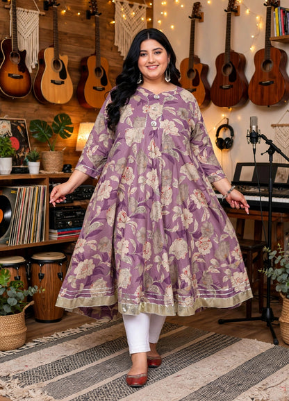 Miravan Womens Plus Size Purple Flower Printed With Beautiful Lace Border Details Anarkali Kurta