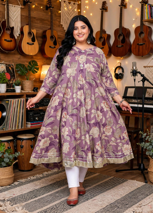 Miravan Womens Plus Size Purple Flower Printed With Beautiful Lace Border Details Anarkali Kurta