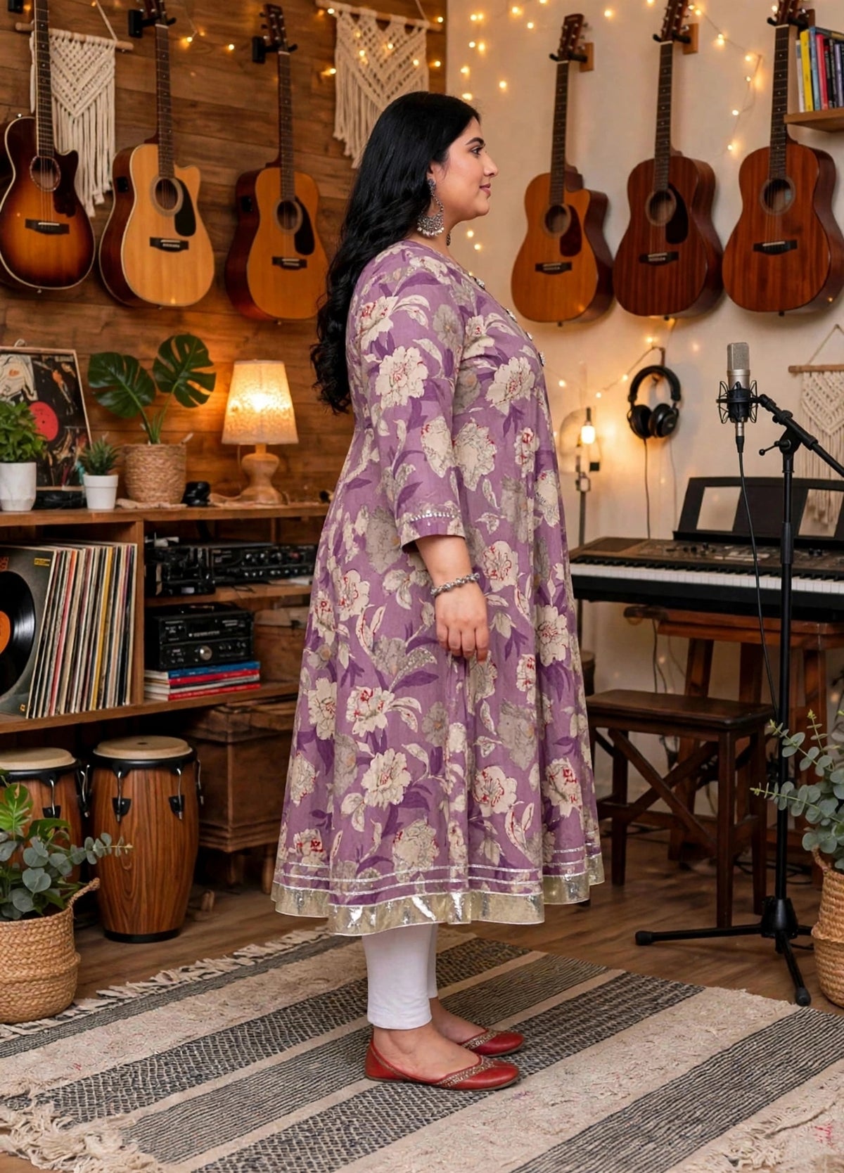 Miravan Womens Plus Size Purple Flower Printed With Beautiful Lace Border Details Anarkali Kurta