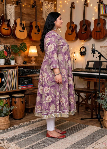 Miravan Womens Plus Size Purple Flower Printed With Beautiful Lace Border Details Anarkali Kurta